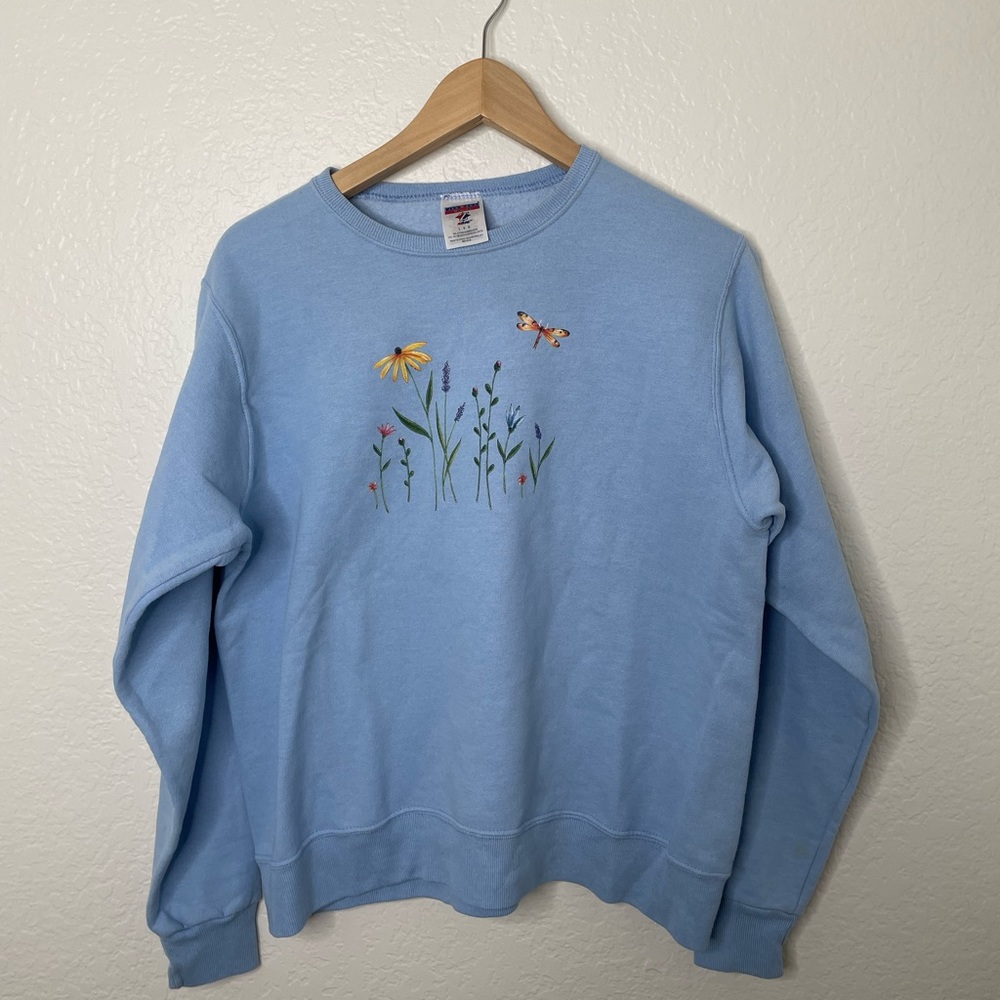 Blue floral print pullover sweatshirt crew neck